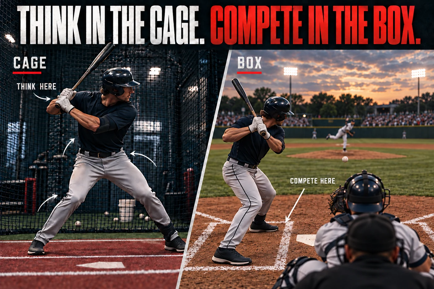 From the book: Think in the cage. Compete in the box. A hitter practices in a batting cage and competes at the plate.